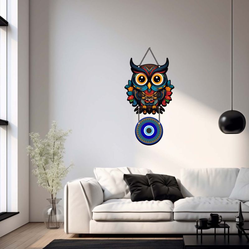 Evil Eye Owl Wall Hanging – Nazar Battu Wooden Home Protection Decor